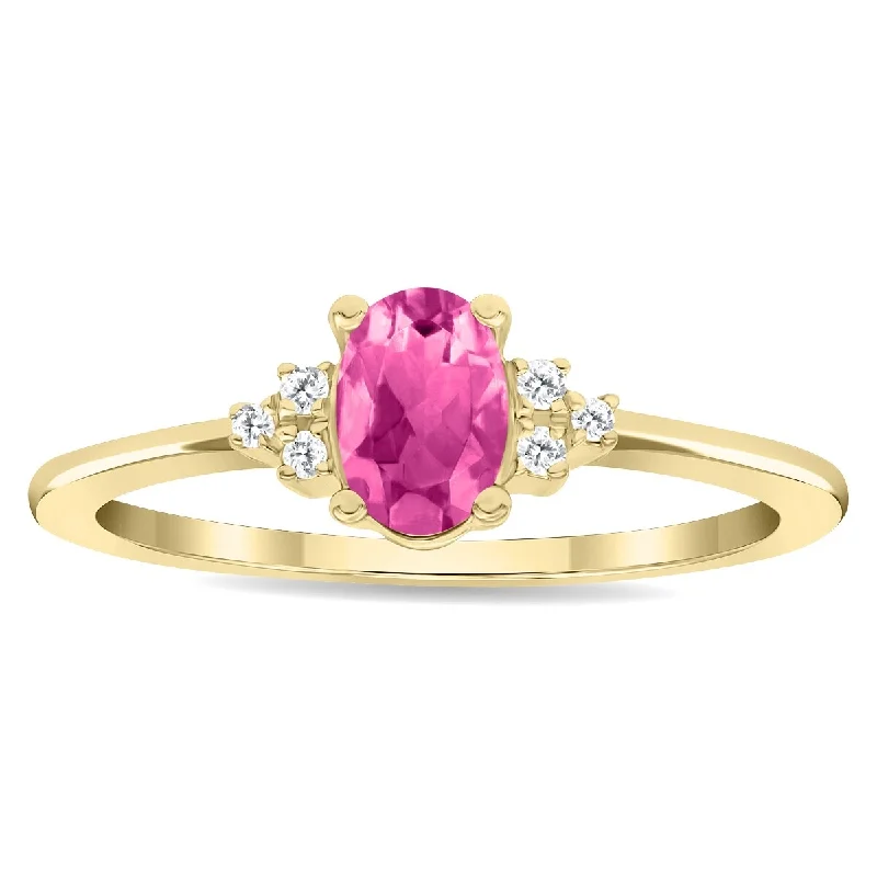 Women’s solid gold rings-Women's Oval Shaped Pink Topaz and Diamond Half Moon Ring in 10K Yellow Gold