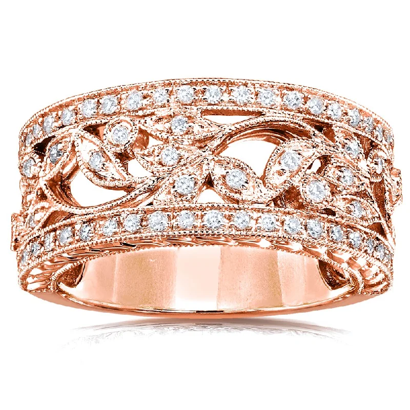 Women’s art nouveau rings-Annello by Kobelli 14k Rose Gold 1/4ct TDW Diamond Wide Floral Anniversary Ring