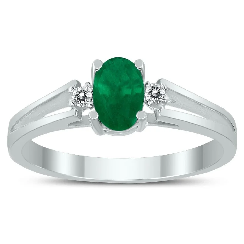 Women’s hammered rings-6X4MM Emerald and Diamond Open Three Stone Ring in 10K White Gold