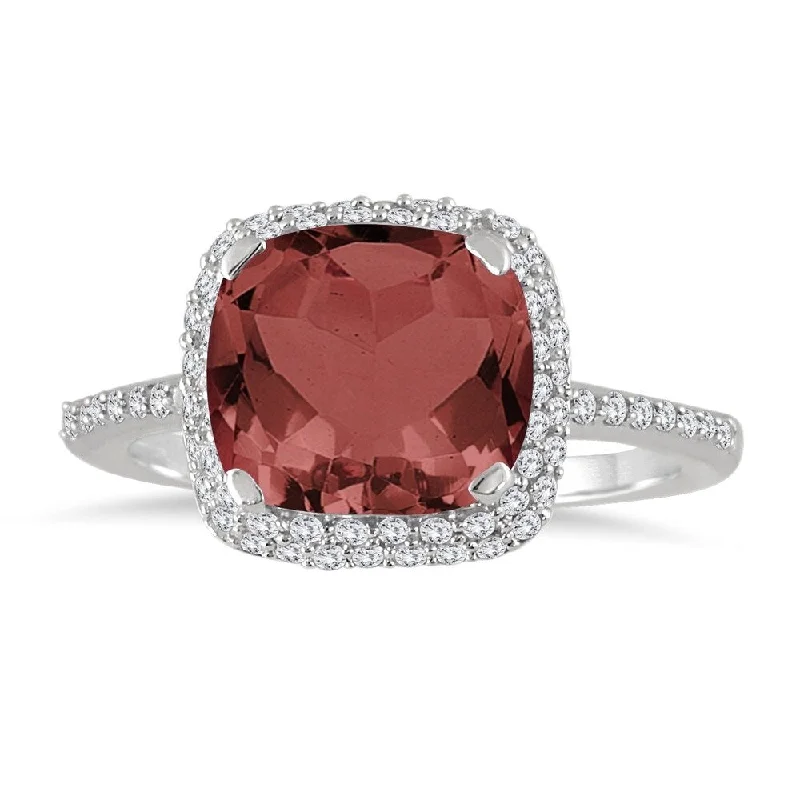 Women’s custom rings-3 1/2 Carat Cushion Cut Garnet and Diamond Halo Ring in 10K White Gold