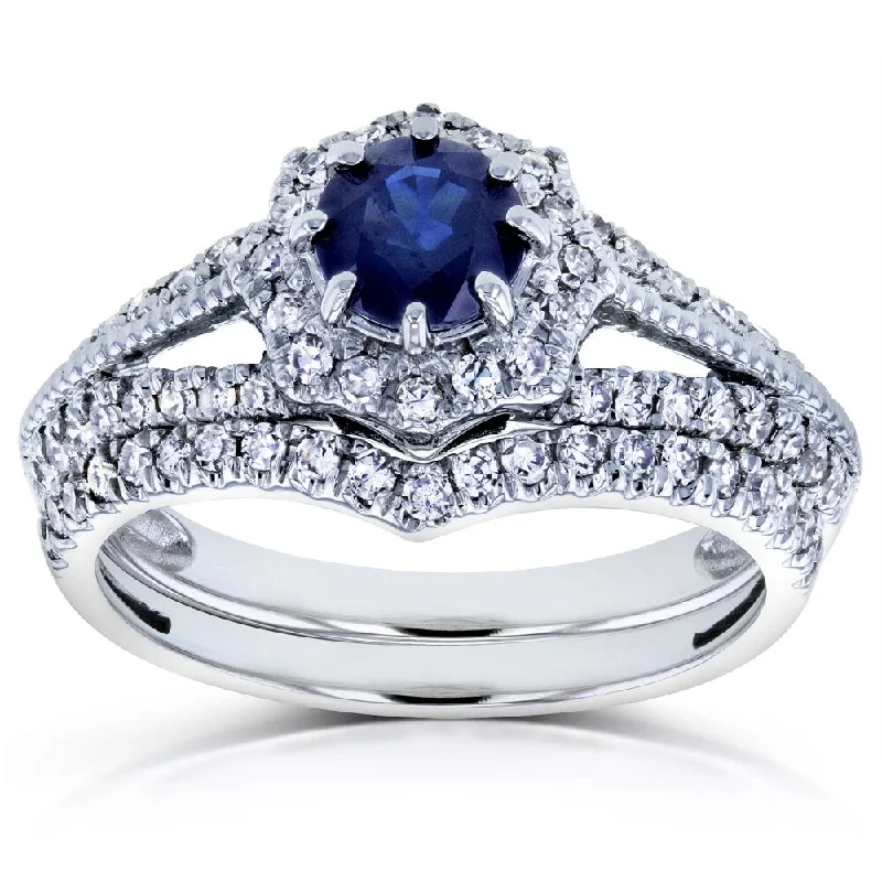 Women’s designer rings-Annello by Kobelli 14k White Gold 1ct TGW Sapphire and Diamond Star Halo Chevron Bridal Rings Set