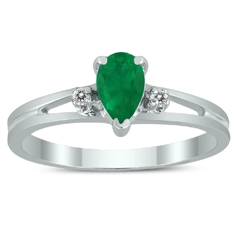 Women’s large rings-6X4MM Emerald and Diamond Pear Shaped Open Three Stone Ring in 10K White Gold