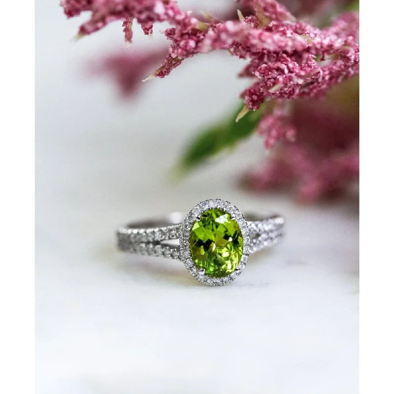 Women’s minimalist rings-Annello by Kobelli 14k Gold 3ct TGW Oval Cut Green Peridot and Diamond Halo Split Shank Gemstone Ring