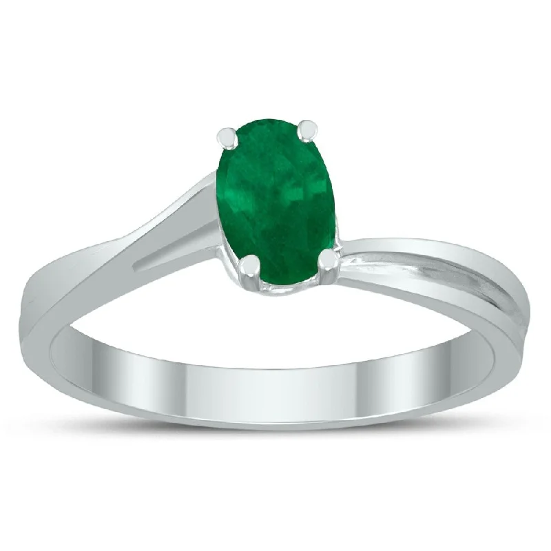 Women’s sapphire engagement rings-Solitaire Oval 6X4MM Emerald Gemstone Twist Ring in 10K White Gold