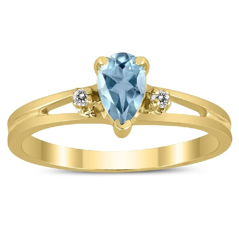 Women’s heirloom rings-6X4MM Aquamarine and Diamond Pear Shaped Open Three Stone Ring in 10K Yellow Gold