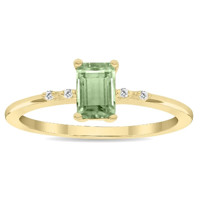 Women’s engraved wedding rings-Women's Emerald Cut Green Amethyst and Diamond Sparkle Ring in 10K Yellow Gold