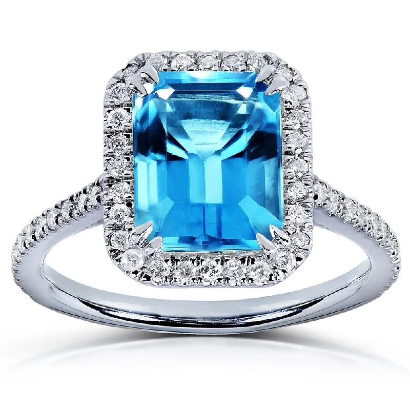 Women’s wedding rings-Annello by Kobelli 14k White Gold 3ct TGW Emerald Cut Swiss Blue Topaz and Diamond Halo Gemstone Ring