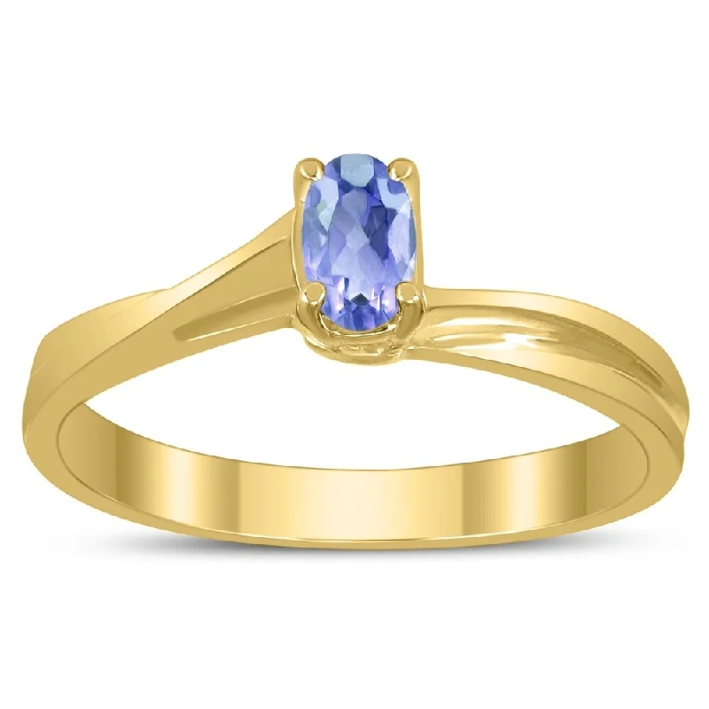 Women’s luxury rings-Solitaire Oval 5X3MM Tanzanite Gemstone Twist Ring in 10K Yellow Gold