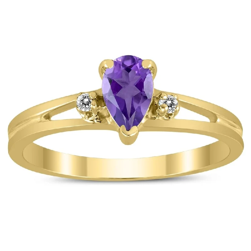 Women’s classic rings-6X4MM Amethyst and Diamond Pear Shaped Open Three Stone Ring in 10K Yellow Gold