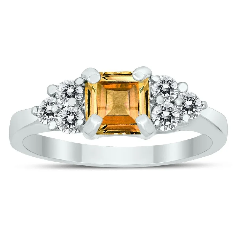 Women’s artistic rings-Princess Cut 6X6MM Citrine and Diamond Duchess Ring in 10K White Gold