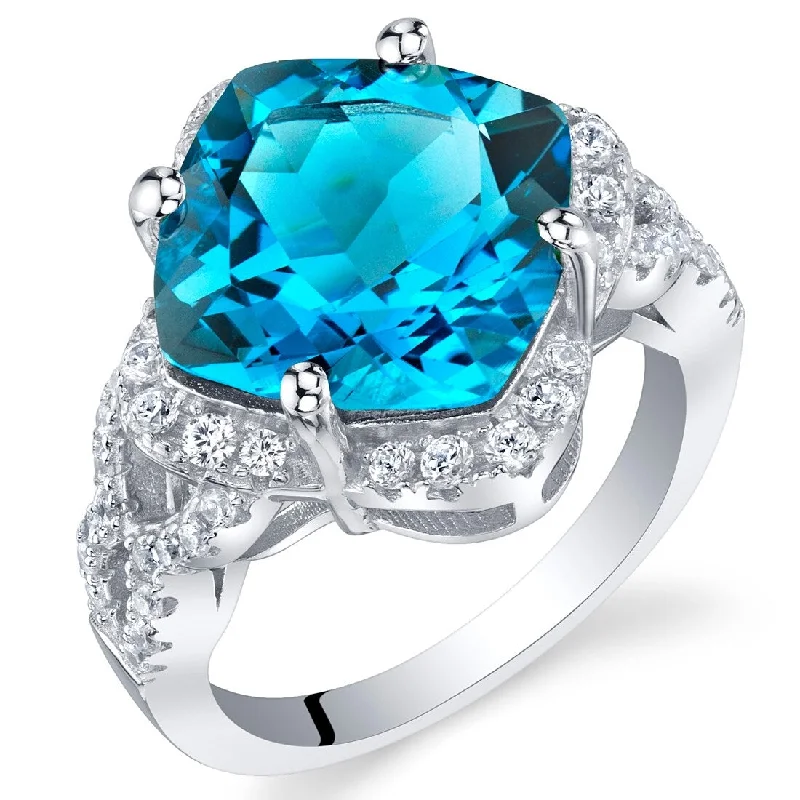 Women’s luxury rings-Sterling Silver 6 ct Swiss Blue Topaz Halo Ring