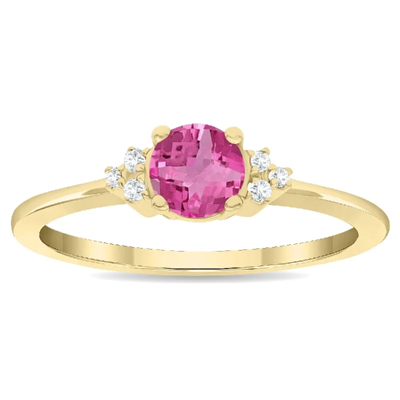 Women’s cocktail gemstone rings-Women's Round Shaped Pink Topaz and Diamond Half Moon Ring in 10K Yellow Gold