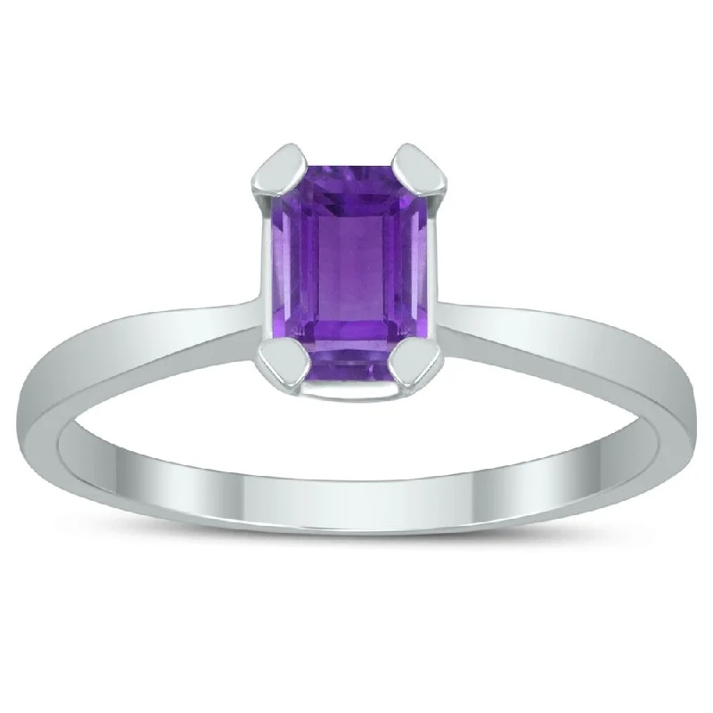 Women’s art deco rings-Emerald Shaped 6X4MM Amethyst Solitaire Ring in 10K White Gold