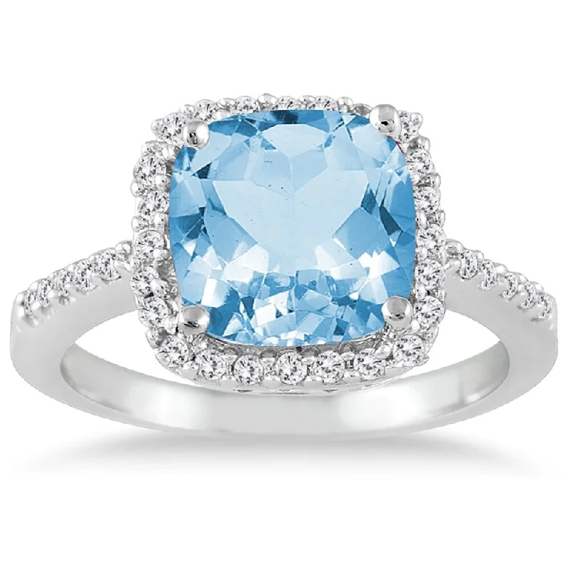 Women’s unique rings-2 1/2 Carat Cushion Cut Blue Topaz and Diamond Ring 14K White Gold