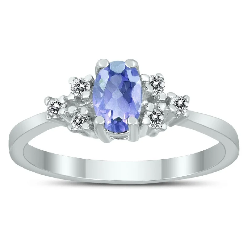 Women’s colorful rings-6X4MM Tanzanite and Diamond Regal Ring in 10K White Gold