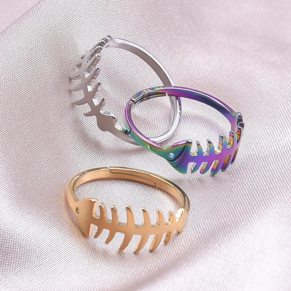 Women’s colorful gemstone rings-Wholesale Novelty Fish Bone Stainless Steel Open Ring