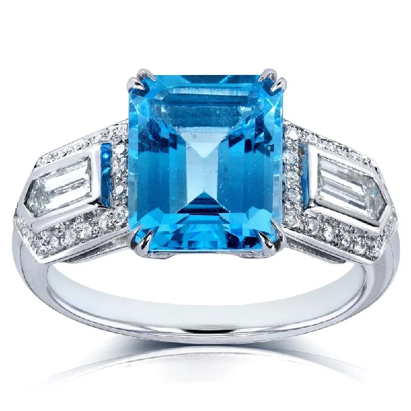 Women’s high-end rings-Annello by Kobelli 14k White Gold 4 1/2ct TGW Emerald-cut Blue Topaz and Bullet-cut Diamond Art Deco Ring