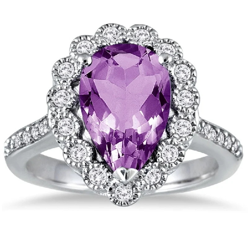 Women’s bridal rings-5 Carat Pear Shape Amethyst and Diamond Ring in 14K White Gold