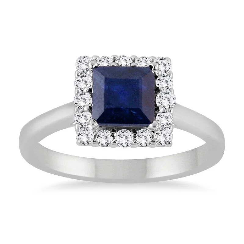 Women’s high-end rings-2 Carat Sapphire and Diamond Princess Halo Ring in 14K White Gold