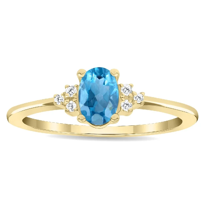 Women’s cluster rings-Women's Oval Shaped Blue Topaz and Diamond Half Moon Ring in 10K Yellow Gold