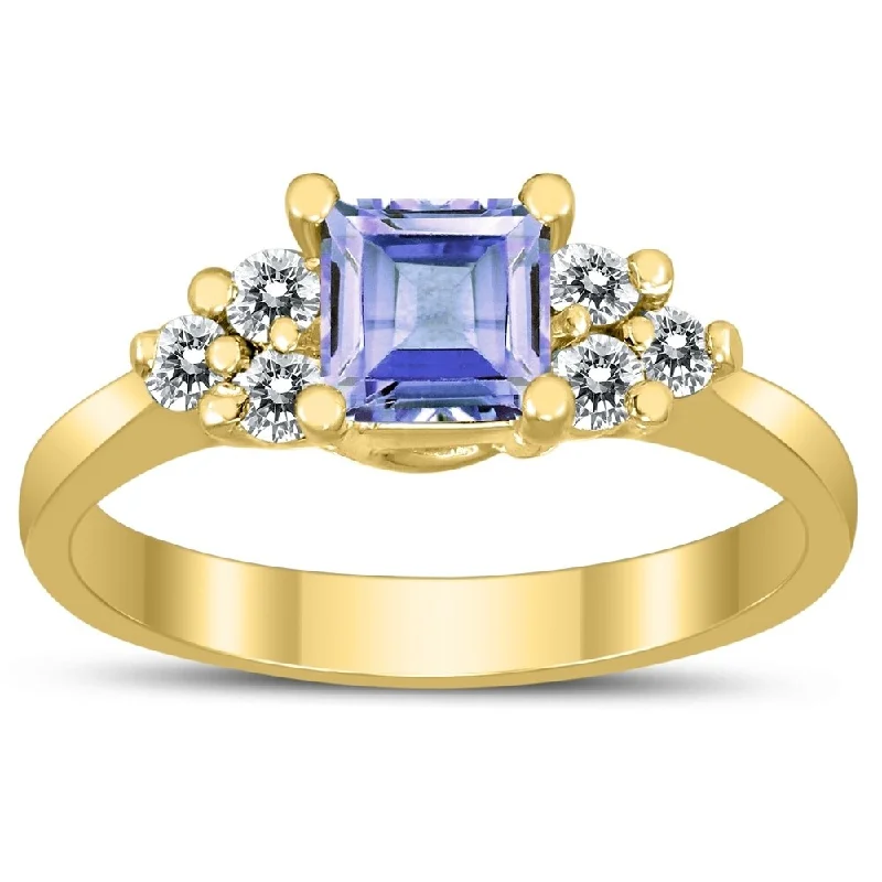 Women’s crystal rings-Princess Cut 5X5MM Tanzanite and Diamond Duchess Ring in 10K Yellow Gold