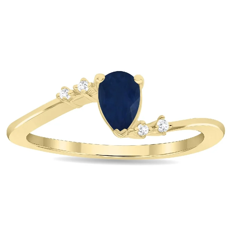 Women’s hammered rings-Women's Pear Shaped Sapphire and Diamond Wave Ring in 10K Yellow Gold