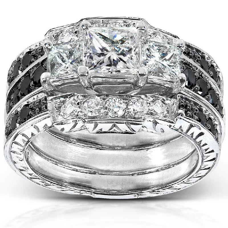 Women’s halo engagement rings-Annello by Kobelli 14k White Gold 1 7/8ct TDW Black and White Diamond 3-piece Bridal Rings Set