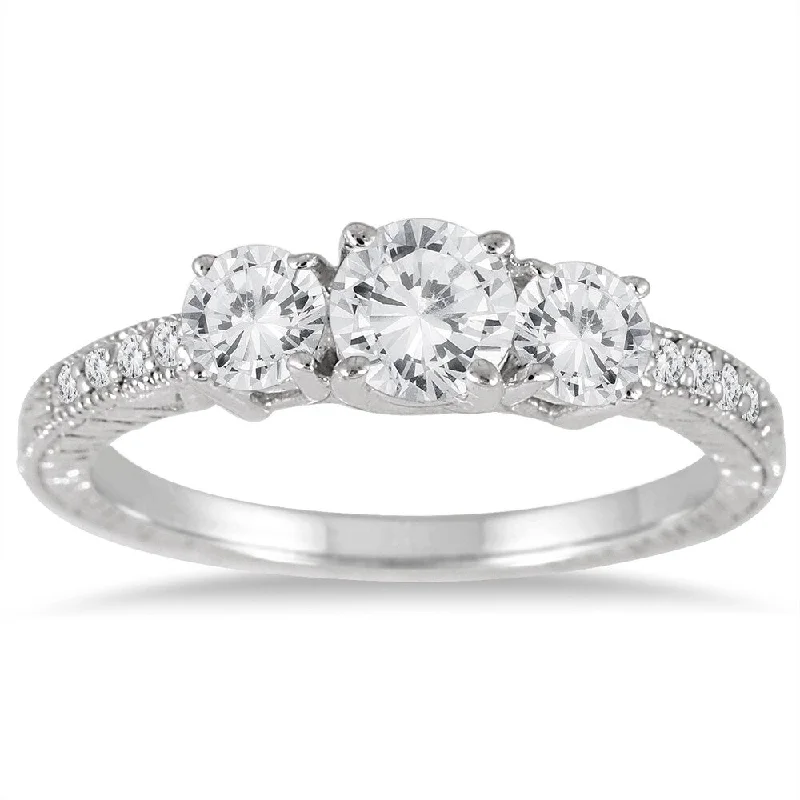 Women’s silver engagement rings-1 1/10 Carat TW Diamond Three Stone Ring in 14K White Gold