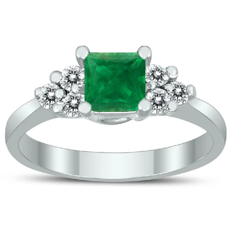 Women’s statement rings-Princess Cut 5X5MM Emerald and Diamond Duchess Ring in 10K White Gold