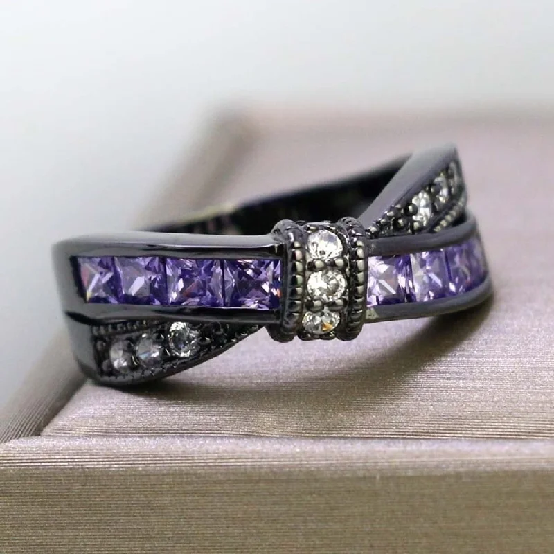 Women’s twisted rings-Party Women Fashion Dual Color Faux Amethyst Cross Bowknot Finger Ring Jewelry