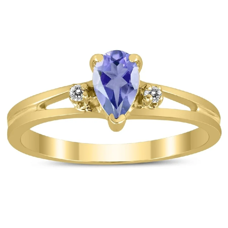 Women’s stacking wedding rings-6X4MM Tanzanite and Diamond Pear Shaped Open Three Stone Ring in 10K Yellow Gold