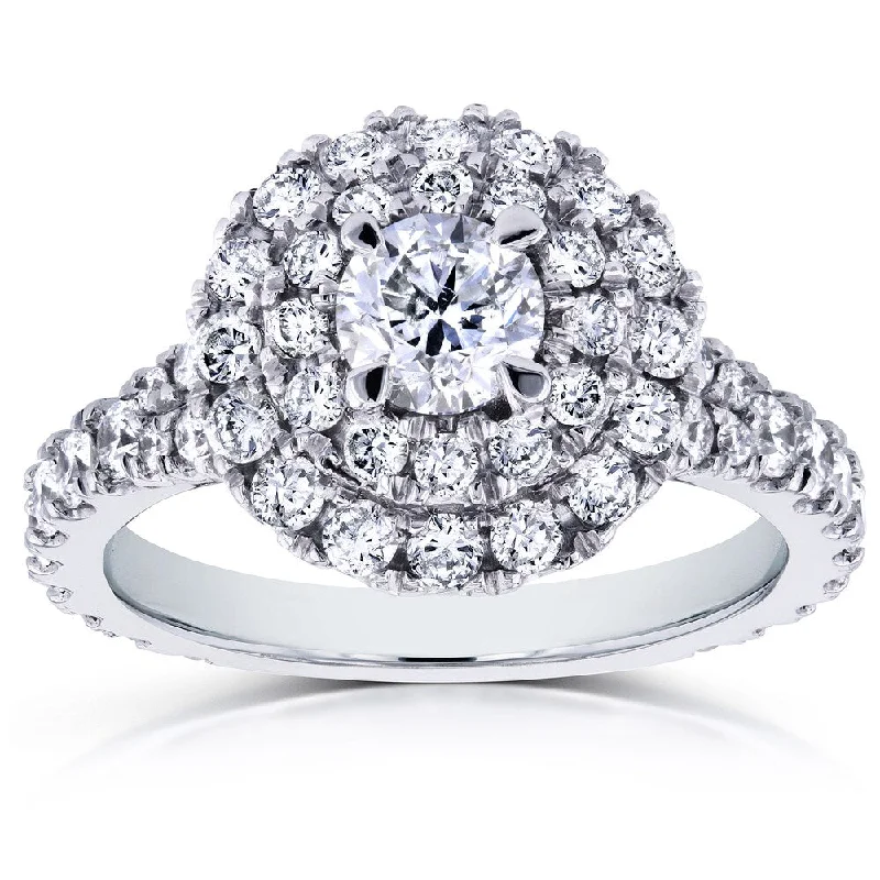 Women’s luxury rings-Annello by Kobelli 14k White Gold 1 3/4ct TDW Round Diamond Double Halo Cluster Cathedral Ring