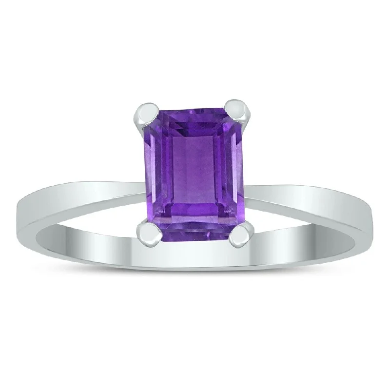 Women’s crystal rings-Emerald Shaped 7X5MM Amethyst Solitaire Ring in 10K White Gold