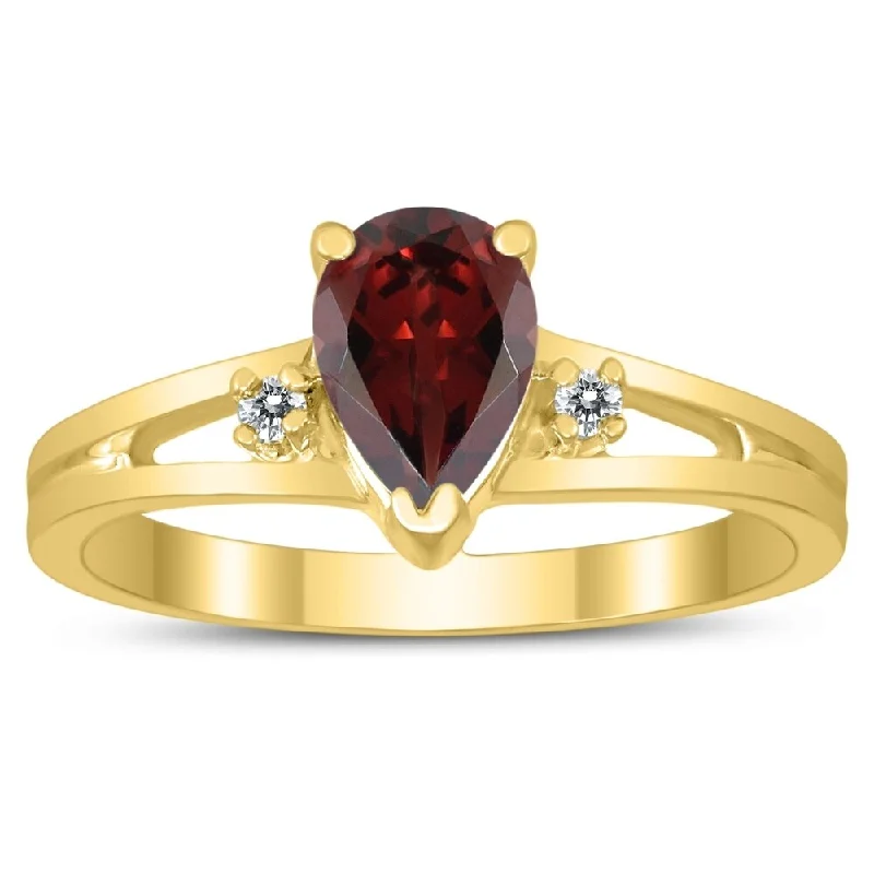 Women’s luxury rings-7X5MM Garnet and Diamond Pear Shaped Open Three Stone Ring in 10K Yellow Gold