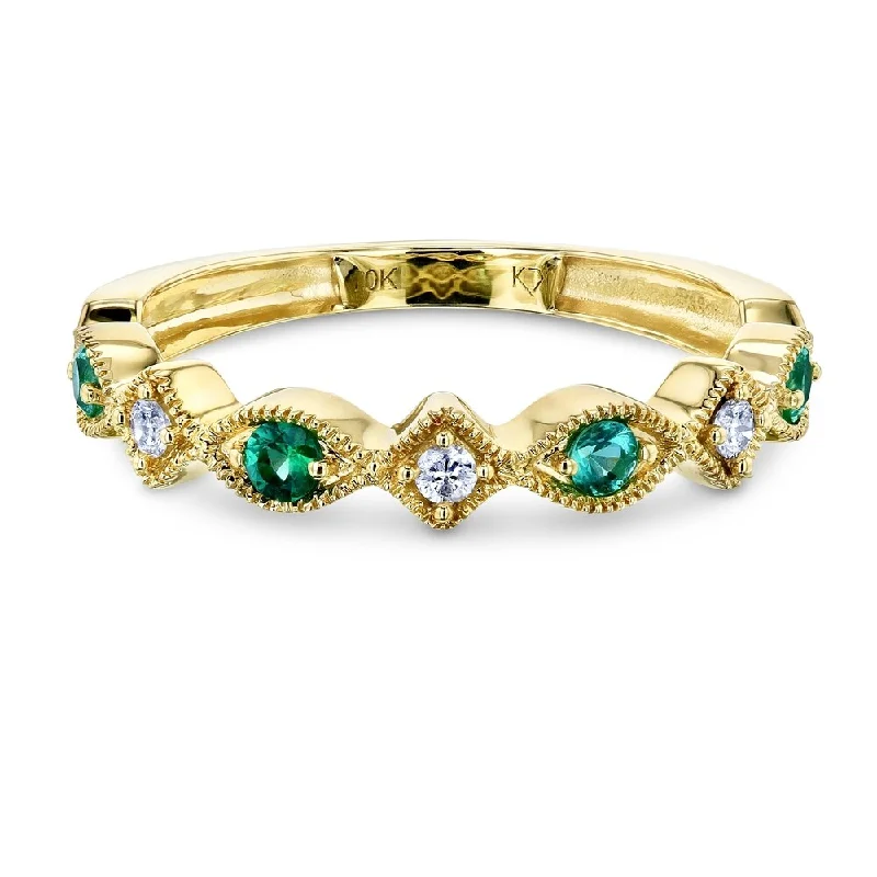 Women’s wedding bands-Annello by Kobelli 10k Yellow Gold 1/5ct.tw Alternating Emerald and Diamond Patterned Fashion Stackable Ring