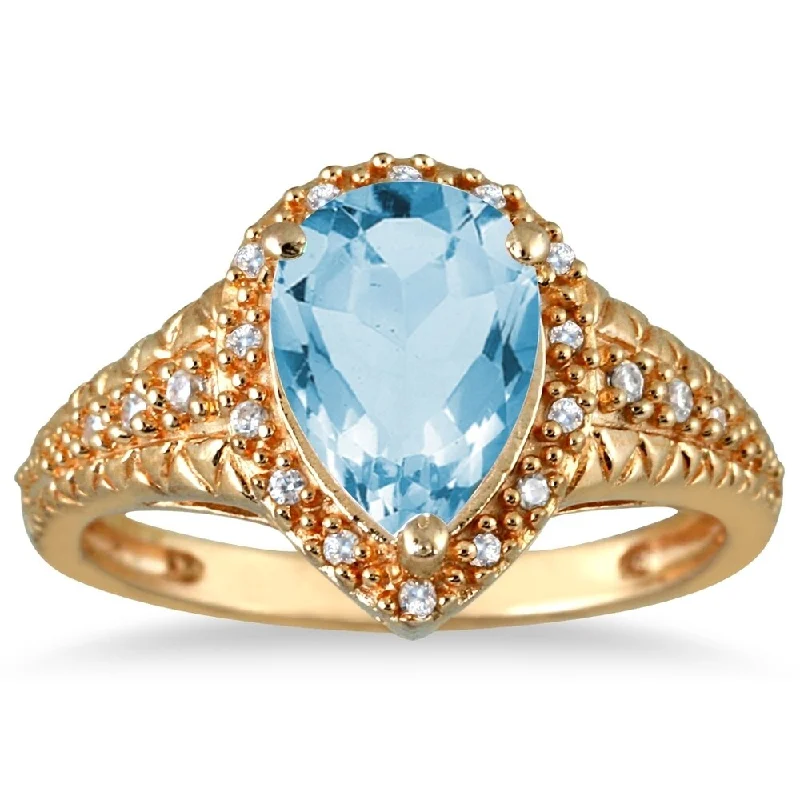 Women’s high-end rings-2 Carat Pear Shaped Blue Topaz and Diamond Ring in 10K Yellow Gold