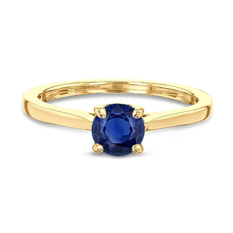 Women’s halo engagement rings-Annello by Kobelli 14k Gold 5mm Round Blue Sapphire Taper Shank Cathedral Solitaire Ring