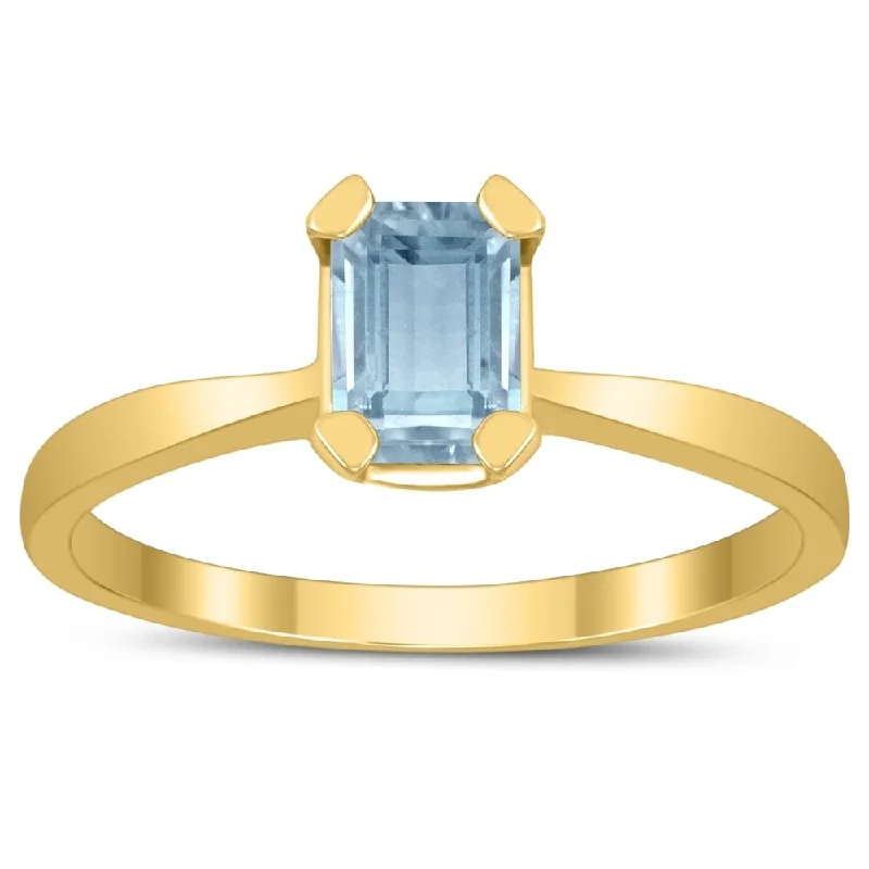 Women’s adjustable rings-Emerald Shaped 6X4MM Aquamarine Solitaire Ring in 10K Yellow Gold