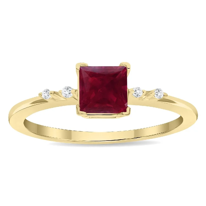 Women’s personalized rings-Women's Square Shaped Ruby and Diamond Sparkle Ring in 10K Yellow Gold