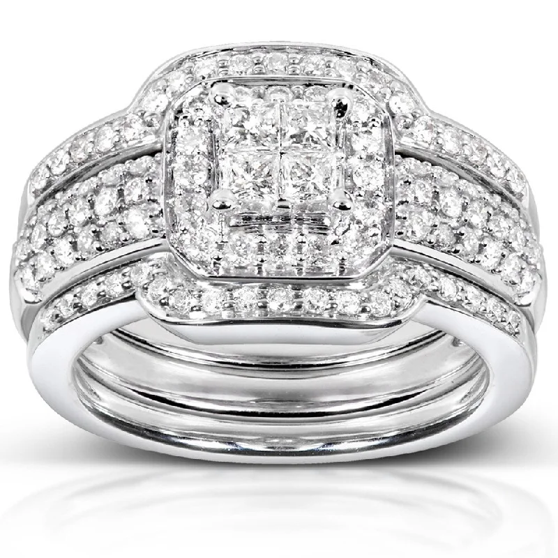 Women’s contemporary rings-Annello by Kobelli 14k White Gold 3/4ct TDW Diamond 3-piece Bridal Ring Set