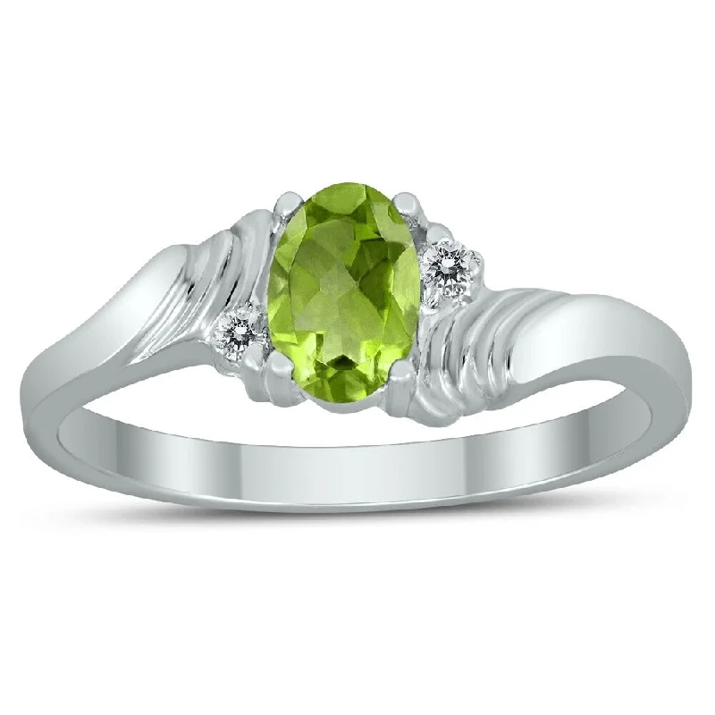 Women’s gold engagement rings-6X4MM Peridot and Diamond Wave Ring in 10K White Gold