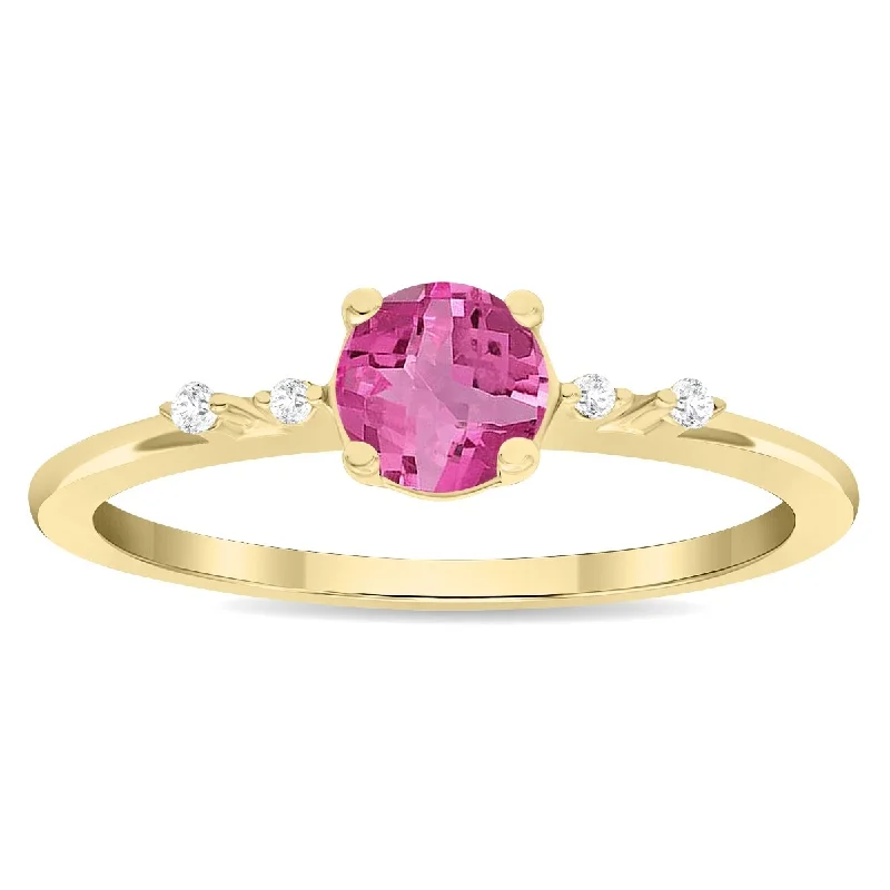 Women’s adjustable gemstone rings-Women's Round Shaped Pink Topaz and Diamond Sparkle Ring in 10K Yellow Gold