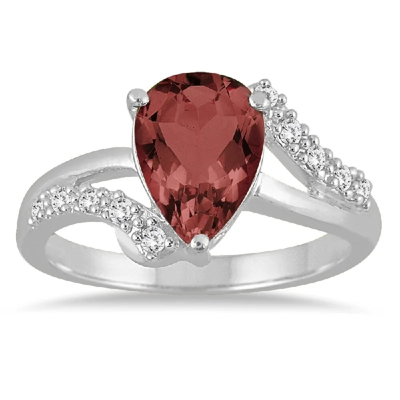 Women’s rose gold engagement rings-2 Carat Pear Shape Garnet and Diamond Ring in 10K White Gold