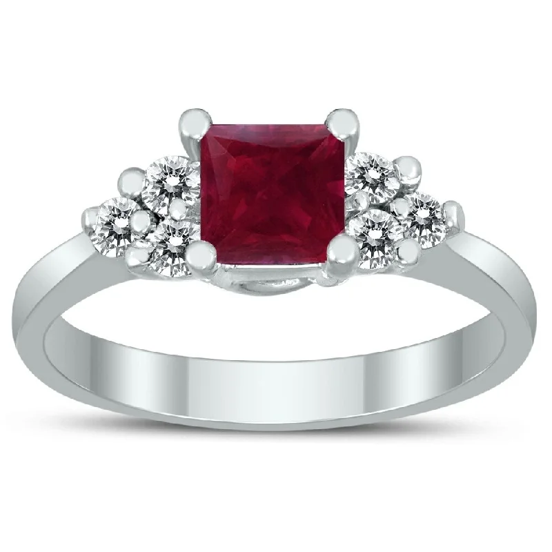 Women’s diamond solitaire rings-Princess Cut 5X5MM Ruby and Diamond Duchess Ring in 10K White Gold