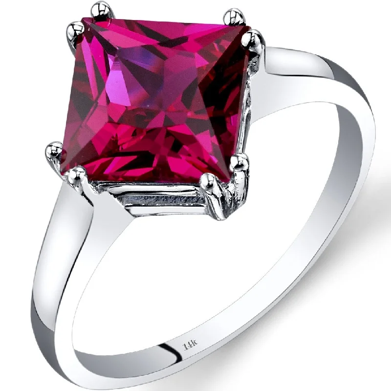 Women’s emerald cut rings-14k White Gold 3.25ct Created Ruby Solitaire Ring