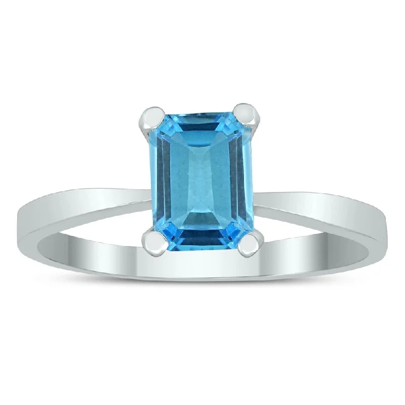 Women’s wedding sets-Emerald Shaped 7X5MM Blue Topaz Solitaire Ring in 10K White Gold