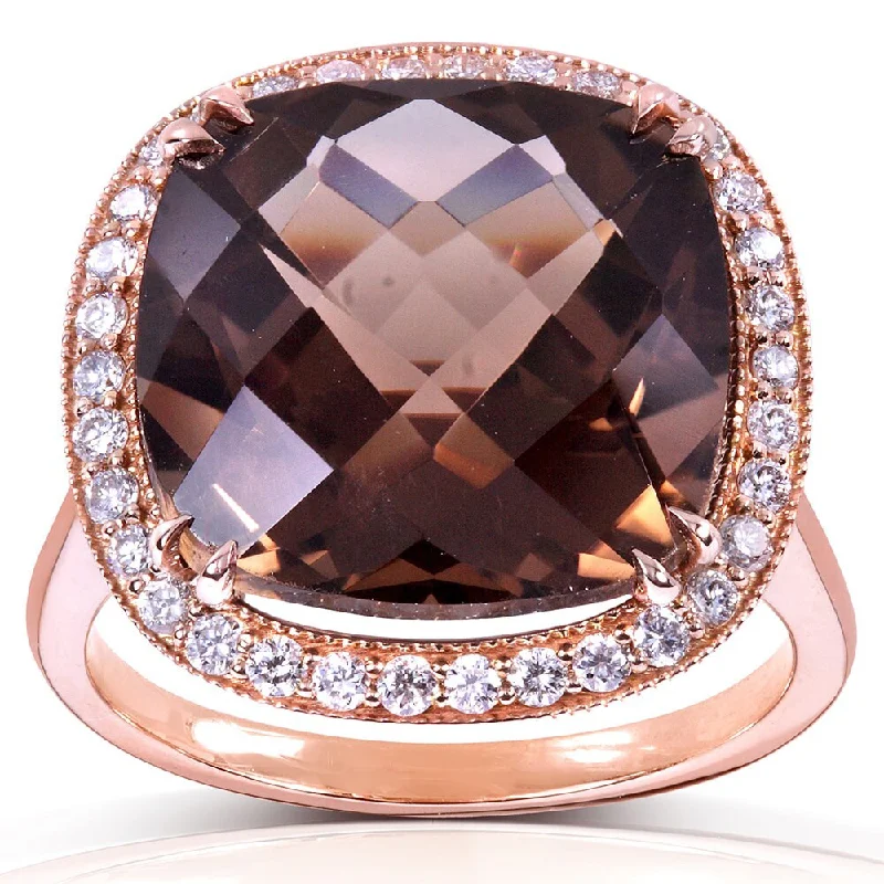 Women’s infinity rings-Annello by Kobelli 14k Rose Gold 8 1/4ct TGW Cushion Smoky Quartz and Diamond Halo Large Gemstone Ring