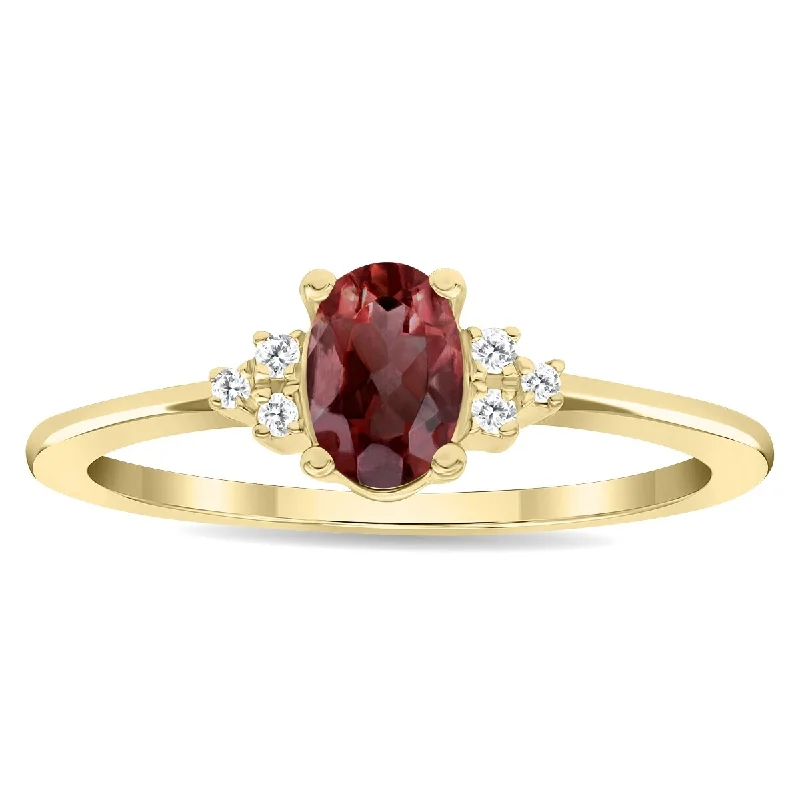 Women’s art deco rings-Women's Oval Shaped Garnet and Diamond Half Moon Ring in 10K Yellow Gold