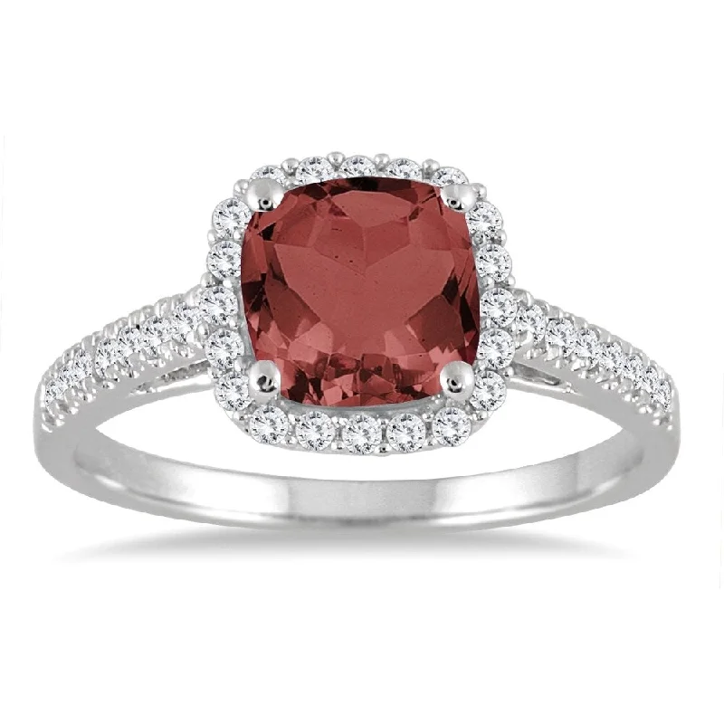 Women’s cubic zirconia engagement rings-5MM Cushion Cut Garnet and Diamond Halo Ring in 10K White Gold