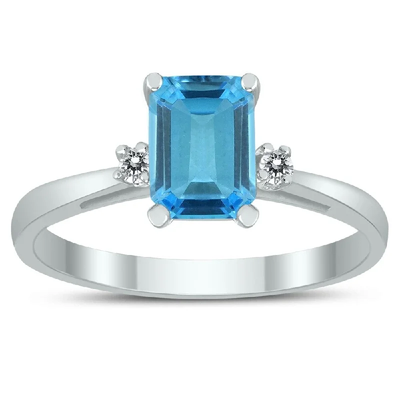 Women’s designer rings-Emerald Cut 7X5MM Blue Topaz and Diamond Three Stone Ring in 10K White Gold